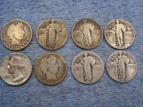 8 SILVER QUARTERS:  1899 & 1908 BARBERS, 1942 WASHINGTON, 5 STANDING LIBERTIES