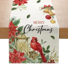Christmas Cardinal Poinsettia Table Runner 13x72 Inch Xmas Red Bird Winter Ki...