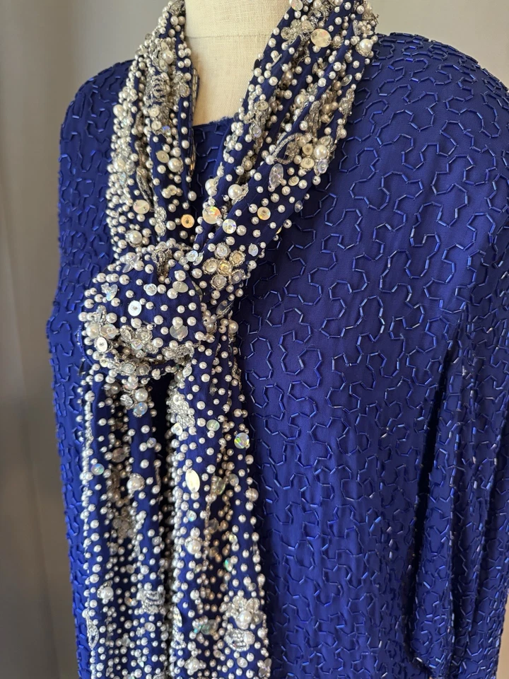 Vestido NAEEM KHAN RIAZEE Vintage Azul Cobalto Completamente Cuentas 100% Seda Para Saks Talla XL Foto 4 de 4