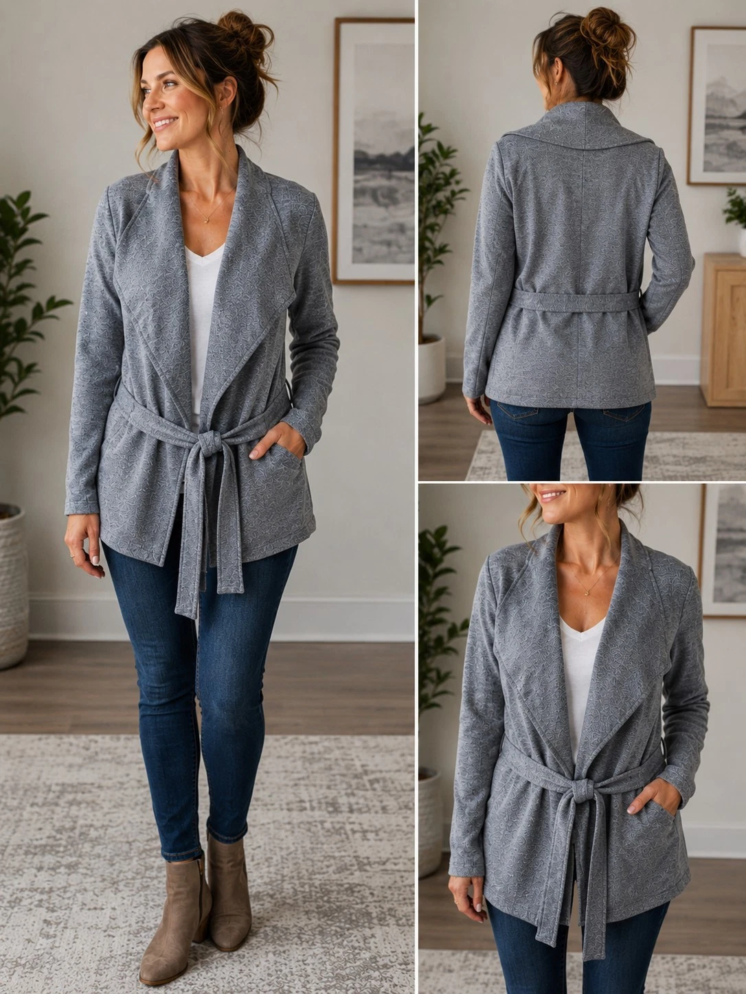 Banana Republic Gray Heather Sweater Coat Waterfall Belted Open Front L