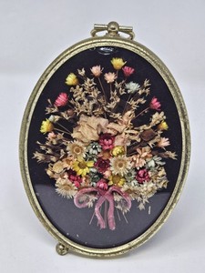 Vintage Framed Dried Flowers Oval Glass Cottagecore Art 