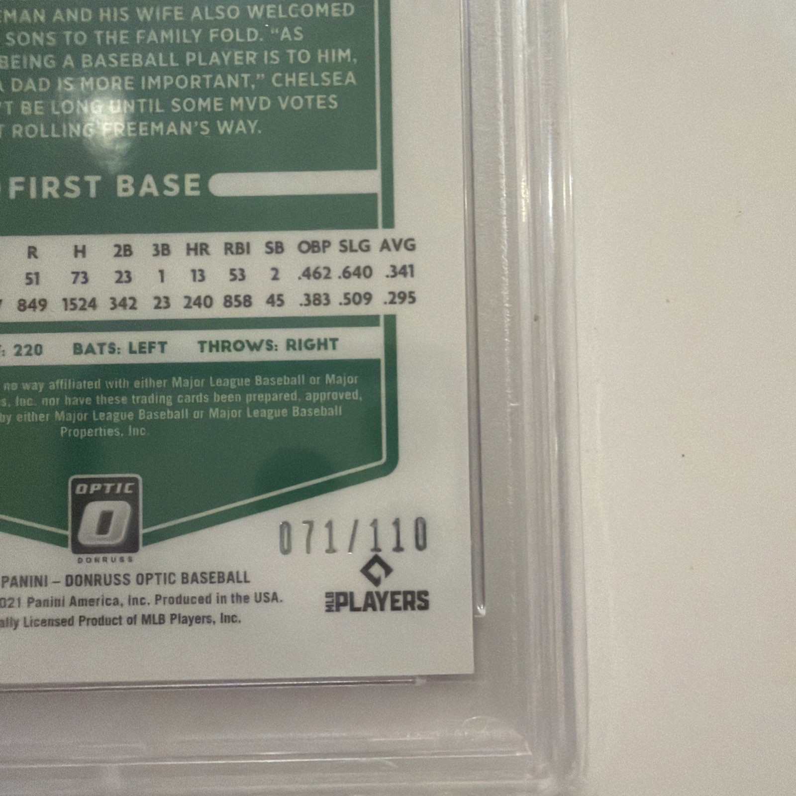2021 Panini Donruss Optic /110 Red Dragon Prizm 123 Freddie Freeman PSA 10 POP 1 view 3