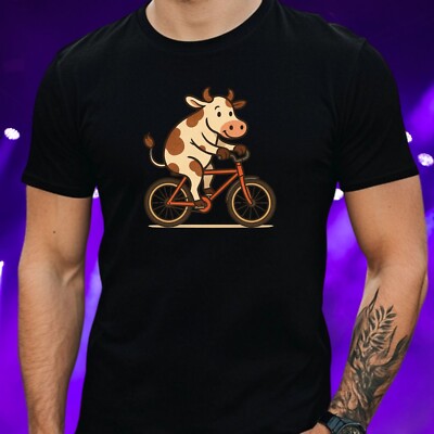 Mens Cow On Bike Print Cotton T-Shirt Size S to 5XL