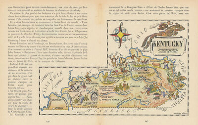 Kentucky kleine Staatskarte von Jacques Liozu 1946 alte Vintage Plankarte