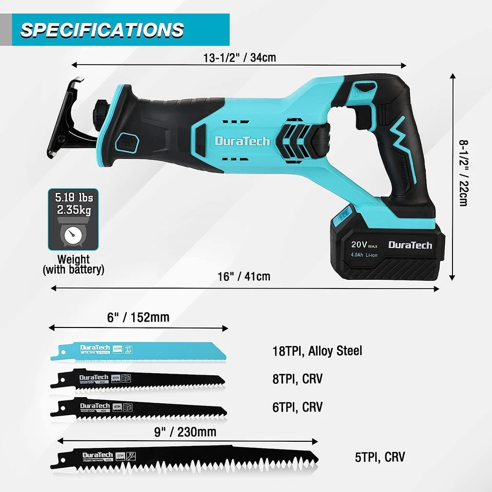 DURATECH Cordless Reciprocating Saw 20V4.0Ah Li-Ion Battery 3000SPM 4 Saw Blades - Image 2 of 4