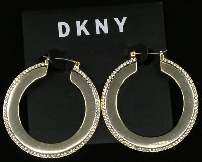 DKNY Large Gold Hoop Earrings With Clear Crystals for sale online