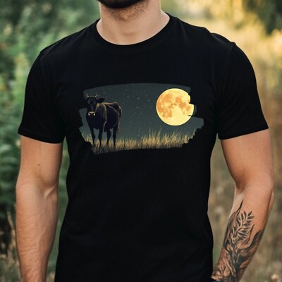 Herren T-Shirt Kuh bei Vollmond Motiv Baumwolle Größe XS bis 5XL