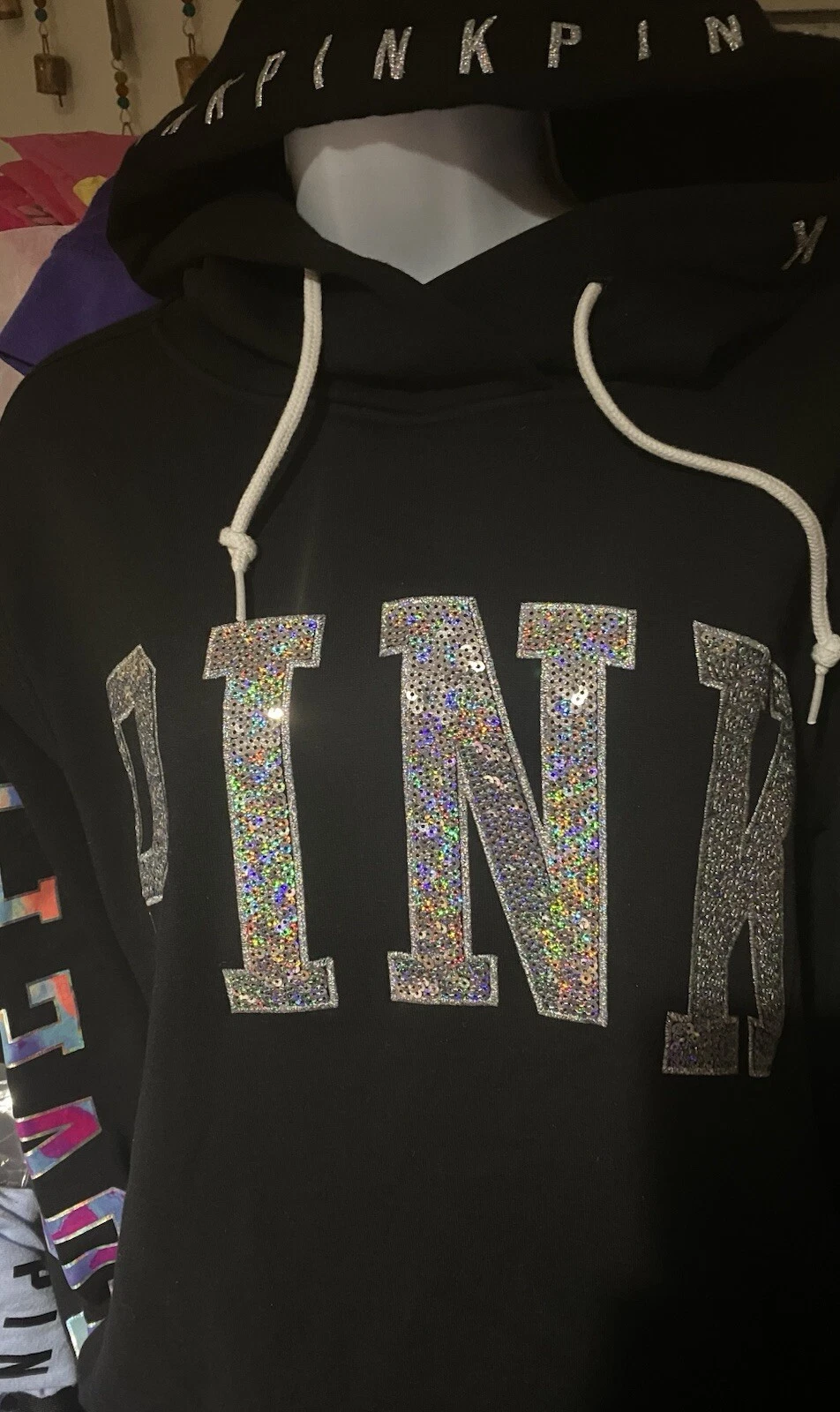 UNDERCOVER Felpa con cappuccio Victoria’s Secret ROSA paillettes Bling acquerello tie dye olografica nuova con etichette