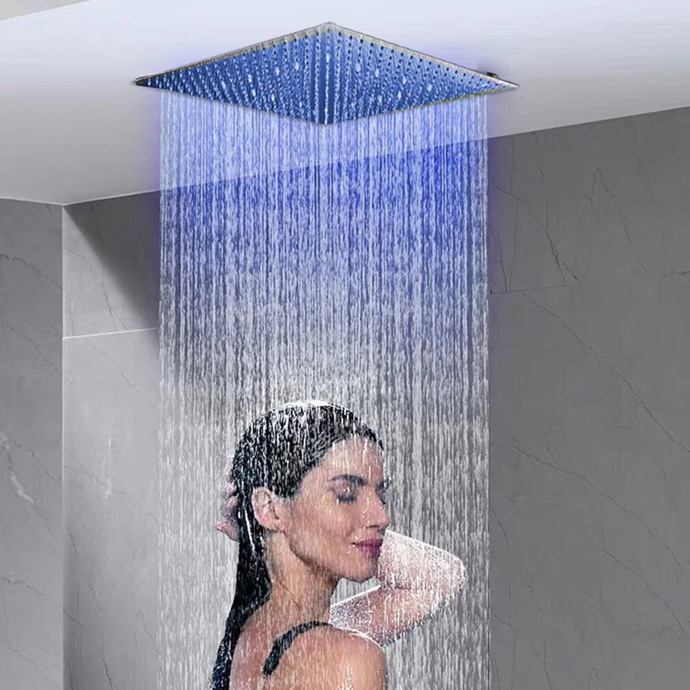 16 Inch Led Rainfall Shower Head Square Ultra Thin Top Sprayer Brushed Nickel