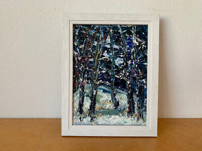 Wald Bäume Nacht Ölgemälde auf Leinwand Tafel Natur Winter Landschaft Kunstwerk