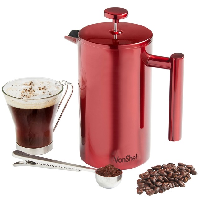 Vonshef 8 Cup/1 Litre/1000ml Red Cafetiere Double Wall Polished