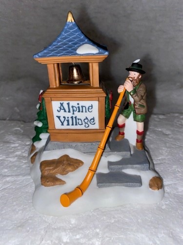 Dept 56 Heritage Vil: Alpine Village Sign w Alpenhorn Player Wearing Liederhosen - Picture 1 of 5