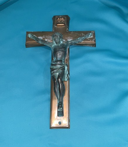 Vintage French Crucifix Metal Gold Tone Wall Cross Copper Bronze PATINA