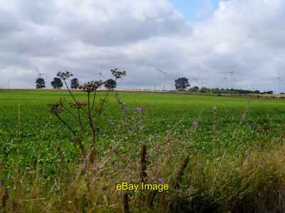 Photo 12x8 Arable land, hedgerow flowers and wind turbines East Somerton  c2013