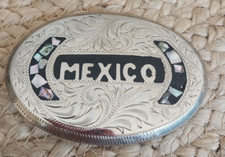 Vintage Alpaca Silver  Abalone "Mexico" Oval shaped Belt Buckle 2 1/2" x 3 5/8"