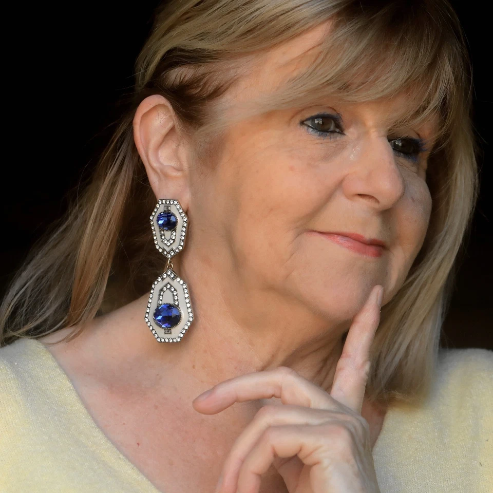 Pendientes Grandes Largos Clip En Dorado Art Deco Geométrico Strass Azul EH7 - Imagen 3 de 4