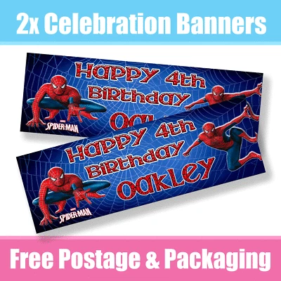 Personalised Spider Superhero Banners Birthday Celebration - Any Name & Age x 2