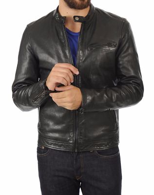 New Men's Real Lambskin Leather Black Jacket Biker Jacket Motorcycle Slim Fit UK
