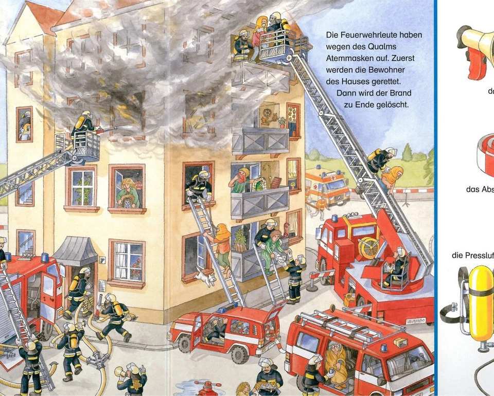 Wimmelbuch: Bei der Feuerwehr - wunderschönes Pappbilderbuch (Verkehrsunfall uvm - Bild 3 von 4