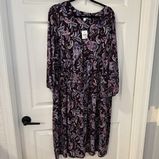 NEW  J.Jill Dress 2X Purple Floral Stretch Swing V-neck Balloon  Sleeve