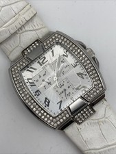 Guess U12519L2 Mens Watch 43mm Silver Tone Crystals Day Date Leather New Battery