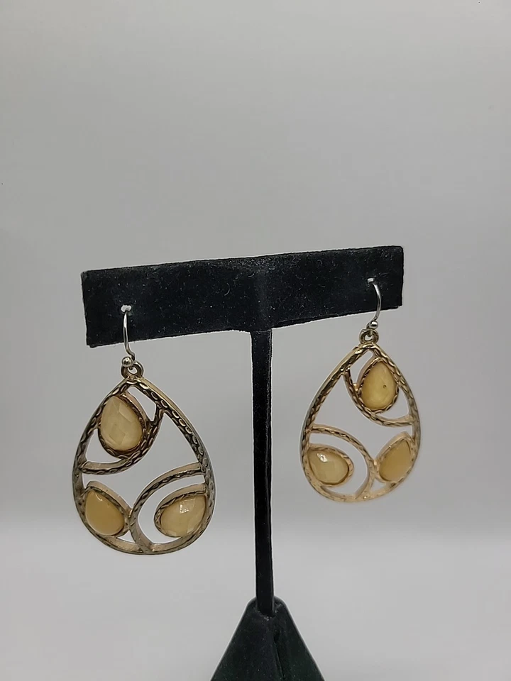 Pendientes Vintage Gancho Perforado Gota Cuelga Lágrima Cristales Amarillos Tono Dorado Foto 3 de 4