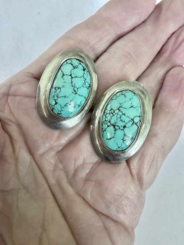 Vtg.Navajo Sterling Silver Spiderweb Turquoise Clip On Earrings Signed Mathews