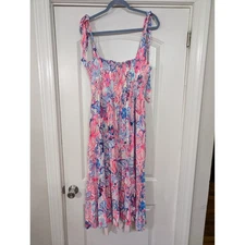 Lilly Pulitzer Riveria Dress Smocked Pink  make a splash Floral Women's Large