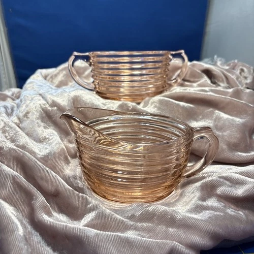 2 Hocking Manhattan Pink Sugar /Creamer set Vintage Depression Glass 1940