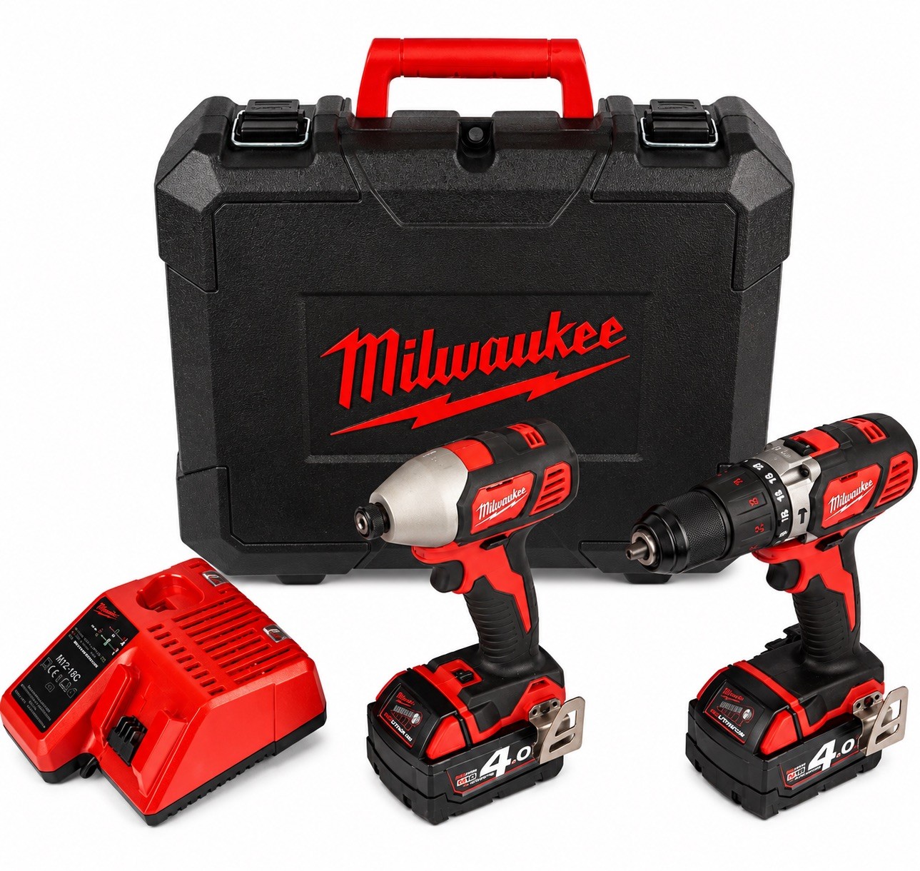 Milwaukee M18 Cordless Drill & Impact Driver Twin Pack 2x 4.0Ah Batteries Case