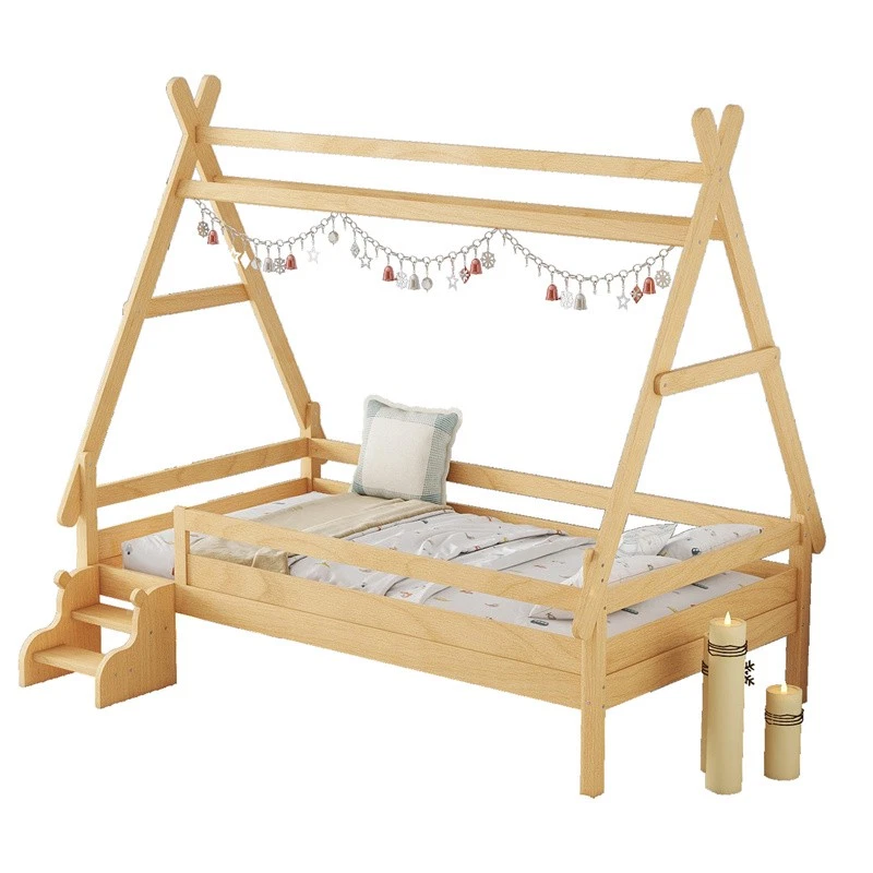 Cama con plataforma de casa de madera maciza tamaño doble con escaleras, marco de cama de bajo perfil, natural  Foto 3 de 4