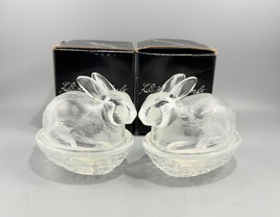 L.E. Smith Glass Clear Bunny Rabbit on Nest Covered Candy Dish Set of 2 Mint