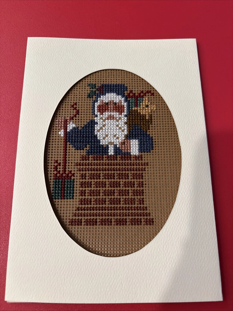 FINISHED COMPLETED CROSS STITCH GREETING CARD ~ Vintage Santa in Chimney