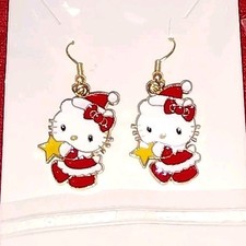 Hello Kitty Christmas Holiday Holding a Star Gold Dangle Drop Earrings