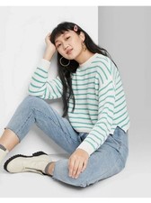 Wild Fable Women s Crewneck Green White Stripe Pullover Cropped Sweater S NWT