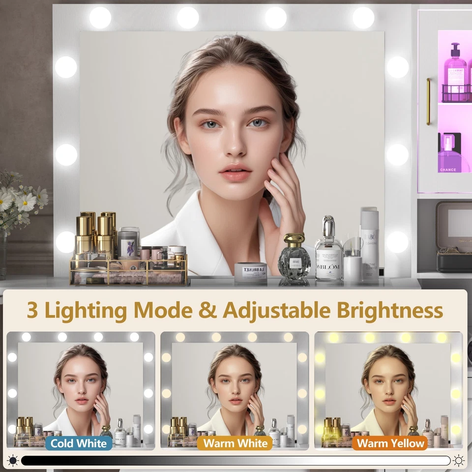 Vanity Desk with Mirror and Lights, Chair & Glass Top, Fold-Up Panel for Room - Image 3 of 4