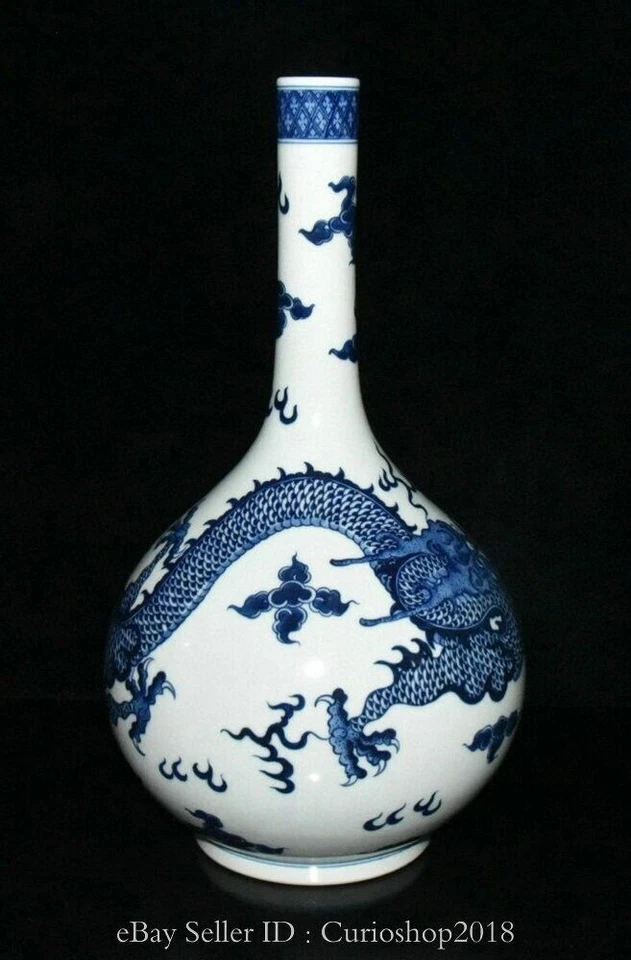 Botella Jarrón 13.8" Qing Qianlong Marcado Azul Blanco Porcelana Patrón Dragón Foto 2 de 4