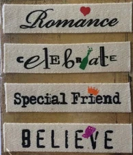 BASICGREY Fabric Art TWILL Tags(4pc) K&Company•Romance•Believe•Friend•Celebrate•