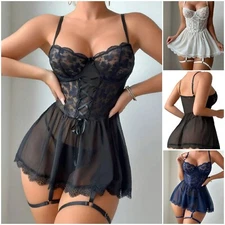 Women Sexy Dress Bra & Panty Thong Garter Set Bodysuit Lace Lingerie See Through