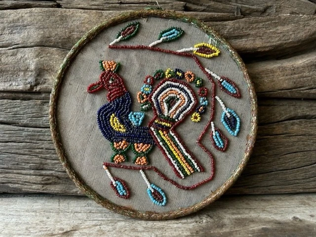 OLD VINTAGE HANDCRAFTED EMBROIDERY BEADS WORK PEACOCK DESIGN WALL ART  HANGING