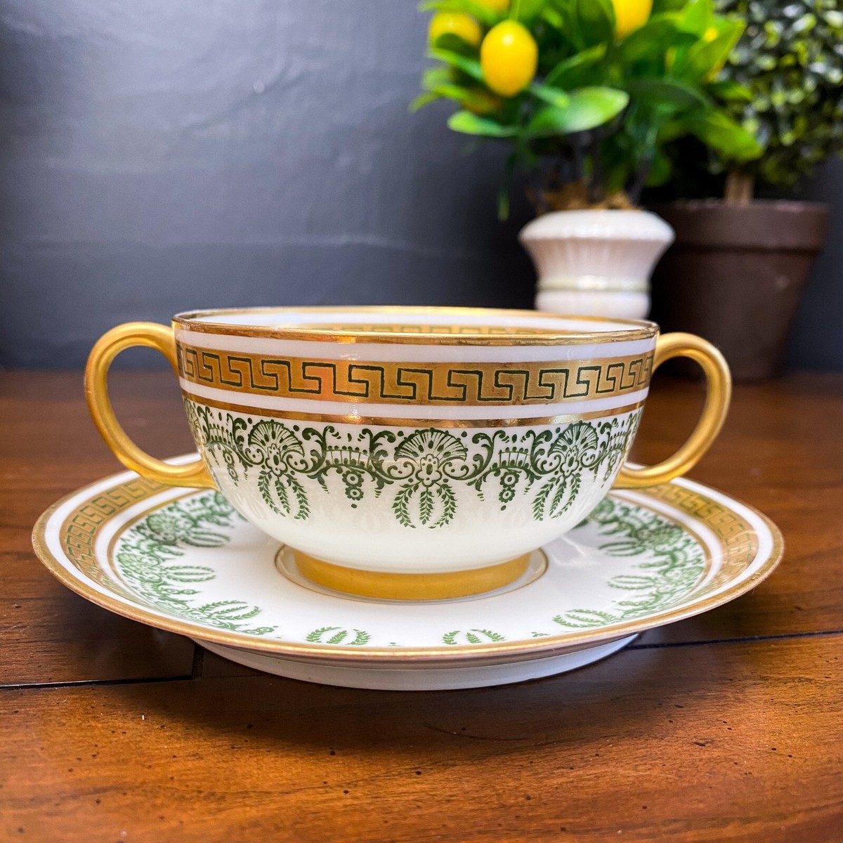 Antique JPL LIMOGES Green Gold Cream Soup Cup and Saucer Set GREEK