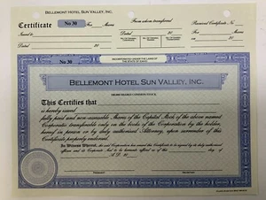 Bellemont Hotel Sun Valley, Inc 100,000 Shares Common Stock Certificate Unsigned