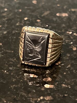 10K Solid Gold Carved Hematite Intaglio Hermes Mercury Men
