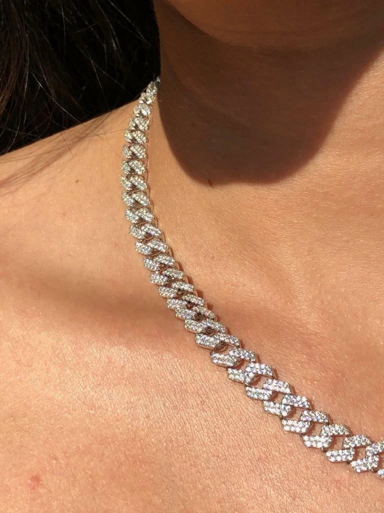 Platinum Sterling Silver Pave White Sapphire Cuban Link Tennis Necklace 14\