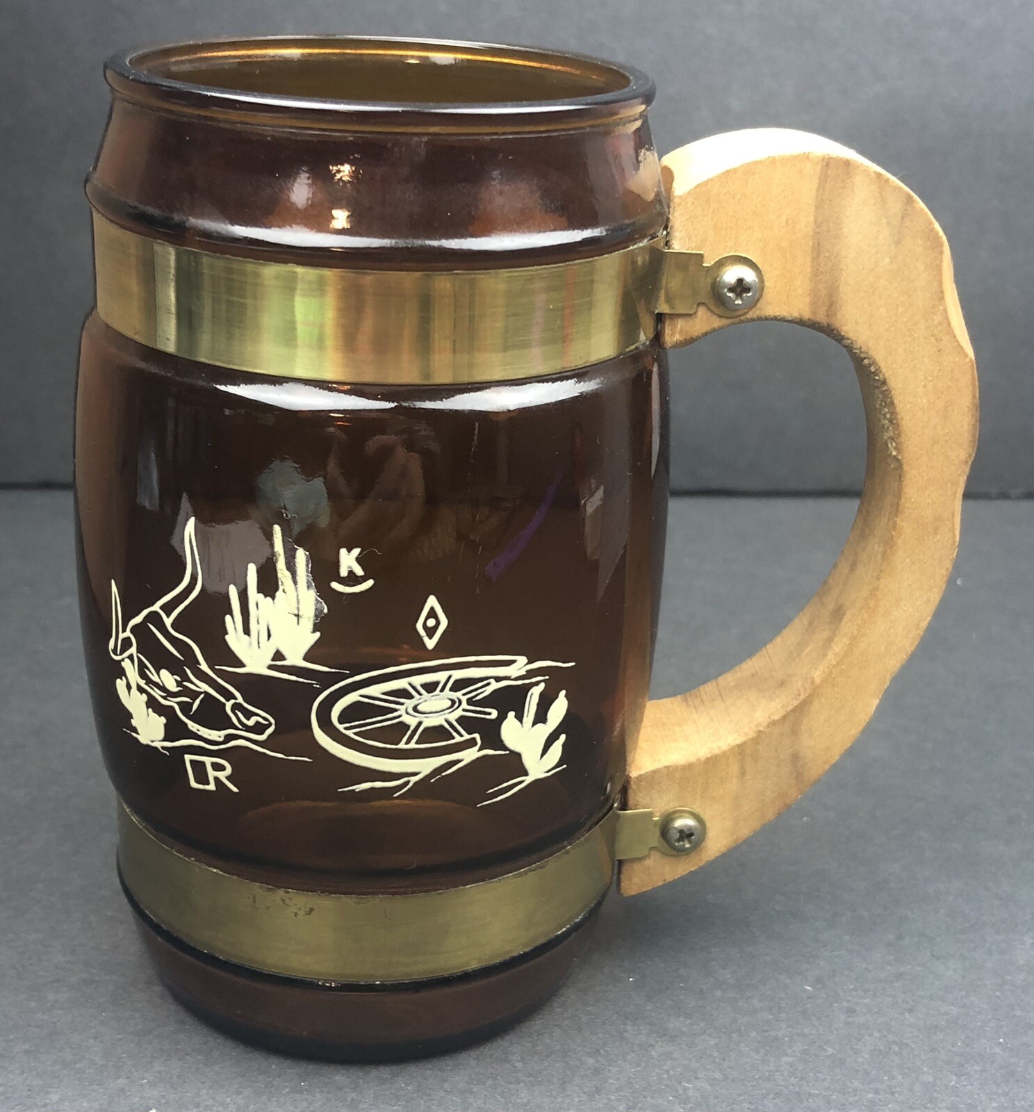Siesta Ware Brown Barrel Glass Mug Wood Handle Brass Trim Western Theme Cactus