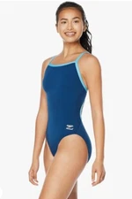 Speedo 30 Blue Endurance Pro Flyback  Adult 1Pc Swimsuit Racer Back Logo $69