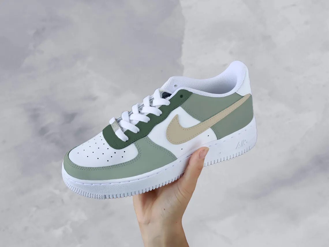 Air Force 1 Custom White Shoes, Sage Forest Green Warm Beige  display picture 2