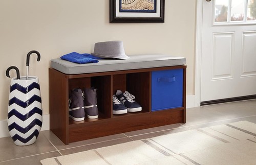 Compact Dark Cherry Storage Bench with Gray Cushion - 3 Cubes for Organization - Picture 6 of 12
