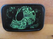 Belt Buckle Black Metal Dia De Los Muertos DAY OF THE DEAD Green Skull on Black