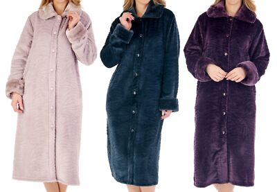 Slenderella Ladies Zebra Fleece Button Up Dressing Gown Faux Fur Collar Bathrobe